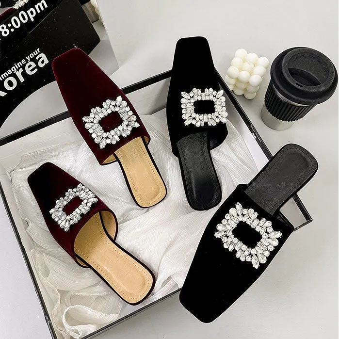 elveswallet Elegant Crystal Square Toe Mules Flat Slippers