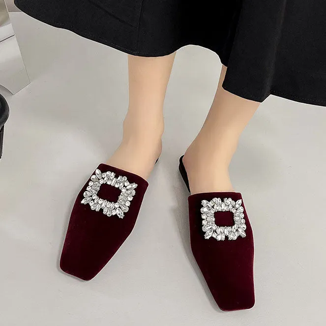 elveswallet Elegant Crystal Square Toe Mules Flat Slippers