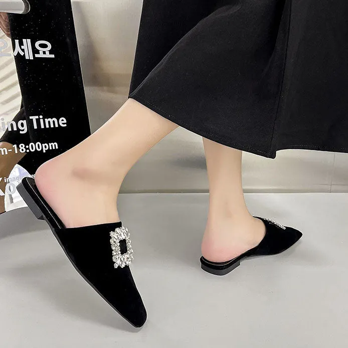 elveswallet Elegant Crystal Square Toe Mules Flat Slippers