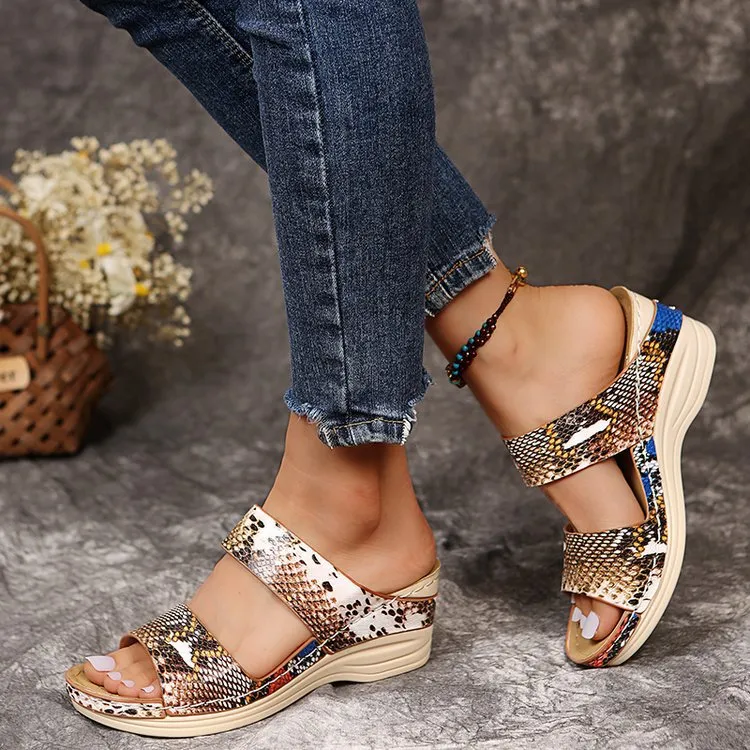 elveswallet Round Toe Leopard Wedge Slippers