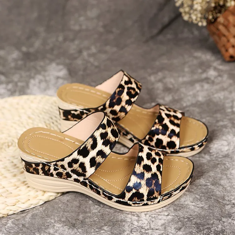 elveswallet Round Toe Leopard Wedge Slippers