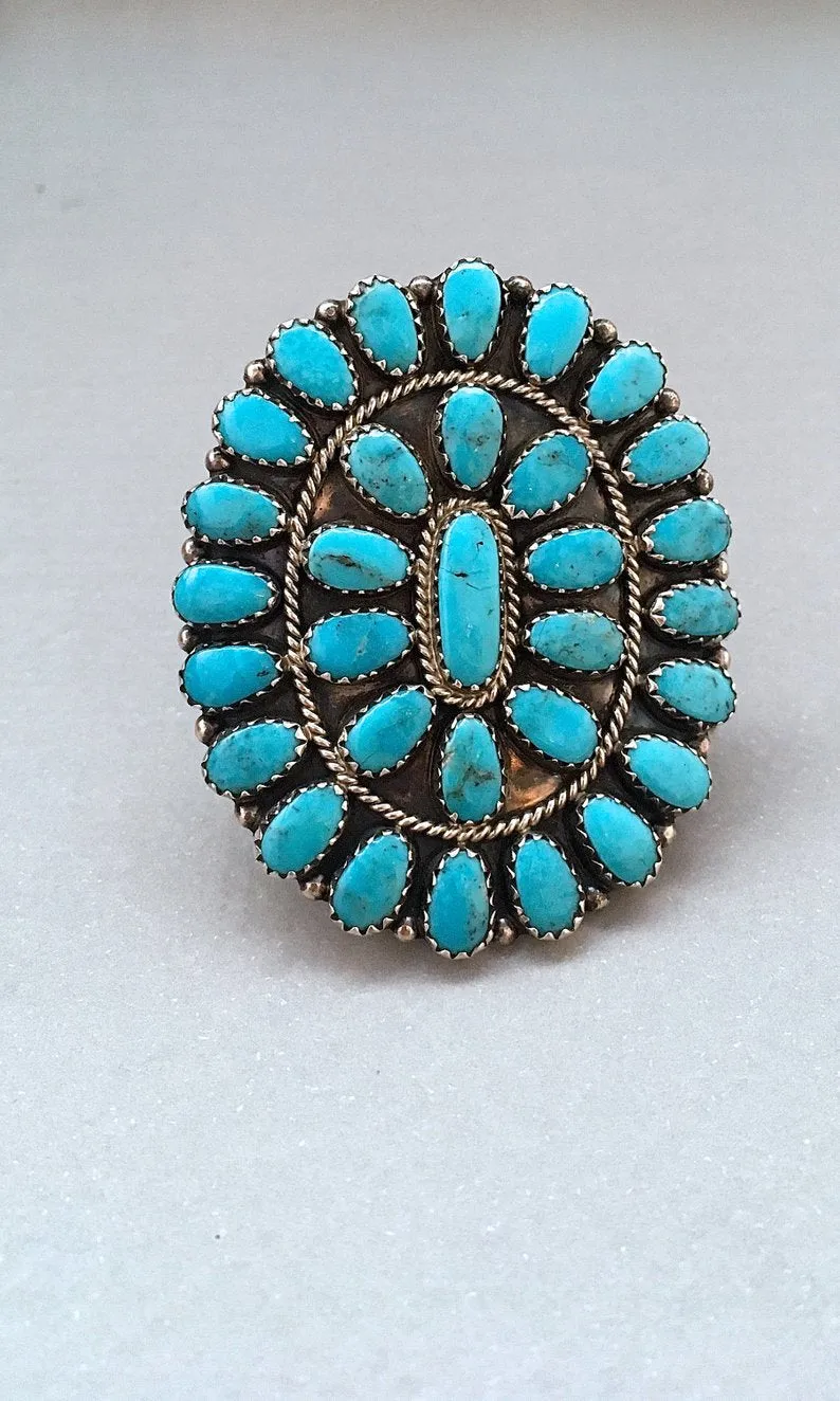 FASHION STATEMENT Large Needle Point Silver & Turquoise Ring by Bobby Becenti, Sz 10