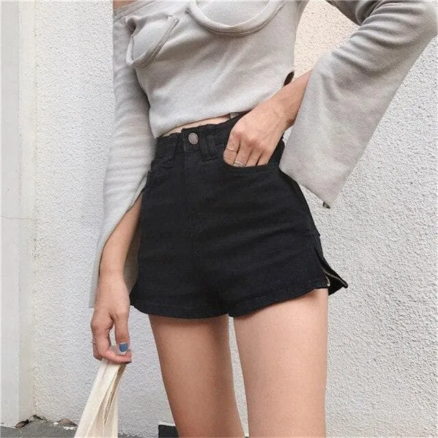 High-Waist Denim Shorts With Zipper Split