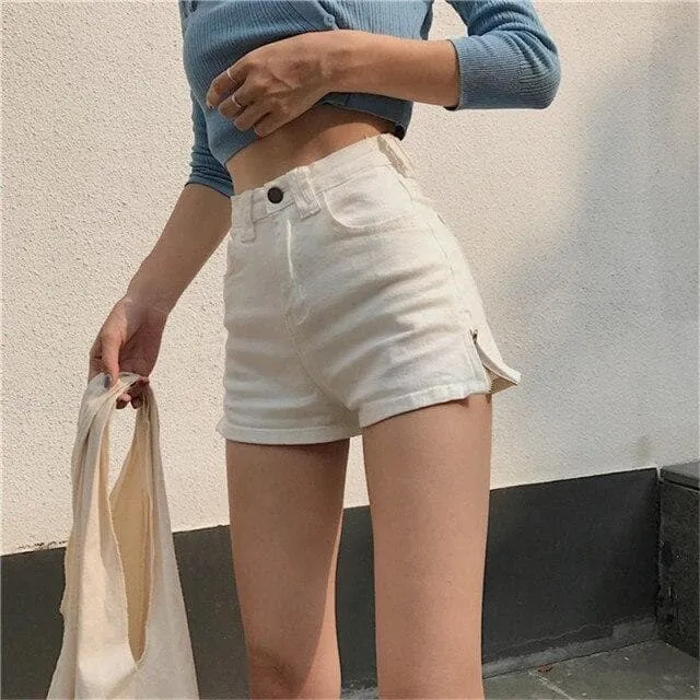 High-Waist Denim Shorts With Zipper Split