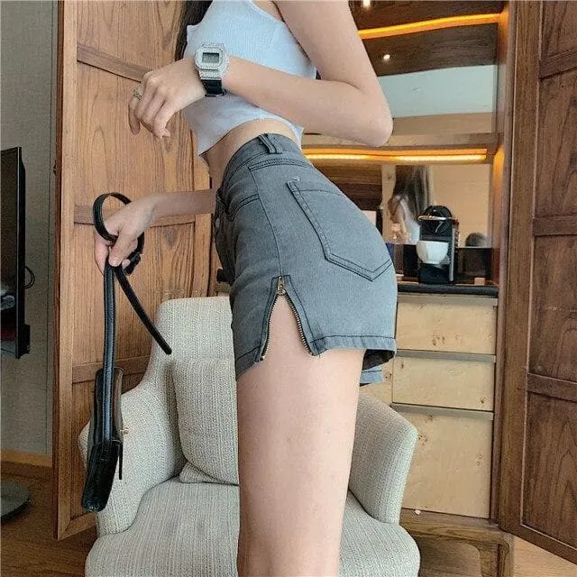 High-Waist Denim Shorts With Zipper Split