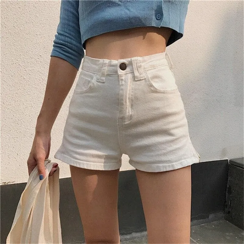 High-Waist Denim Shorts With Zipper Split