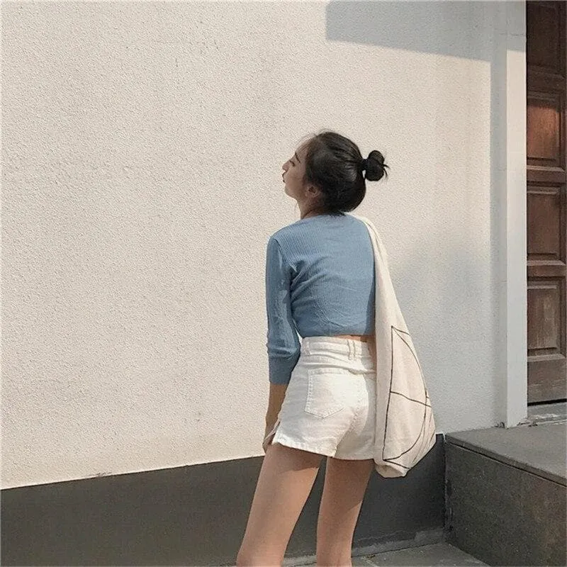 High-Waist Denim Shorts With Zipper Split