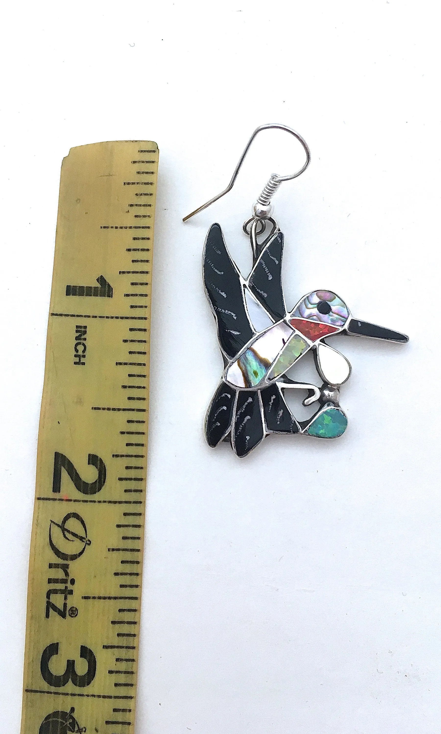 HUMMING ALONG Silver, Jet, Abalone, & Mother of Pearl Hummingbird Earrings