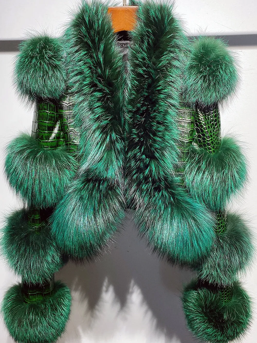 LITALY Fur & Leather Jacket in Dark Green