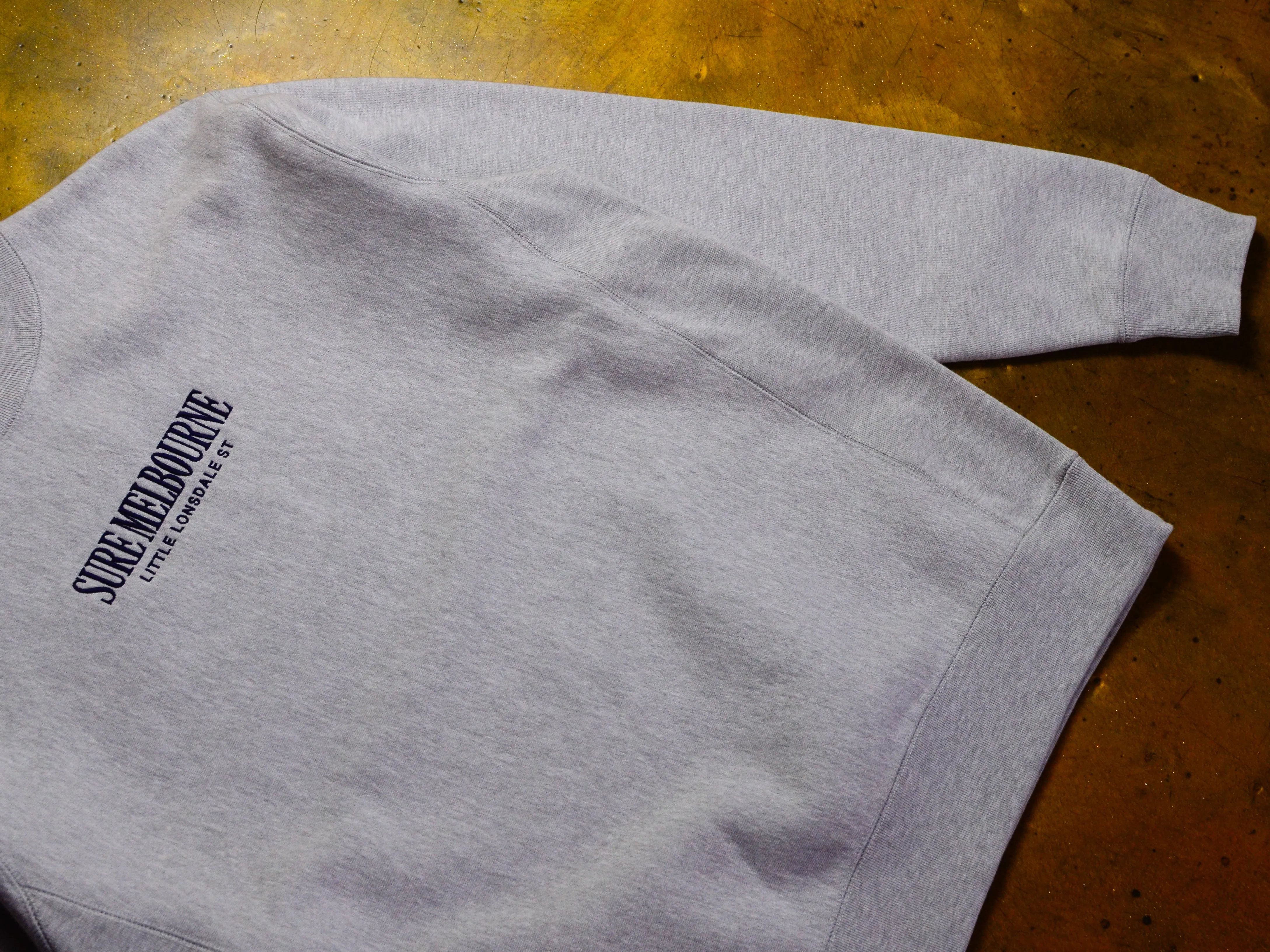 Little Lonsdale St. Embroidered Super Heavyweight Reverse Weave Crew Fleece - Grey Marle / Navy