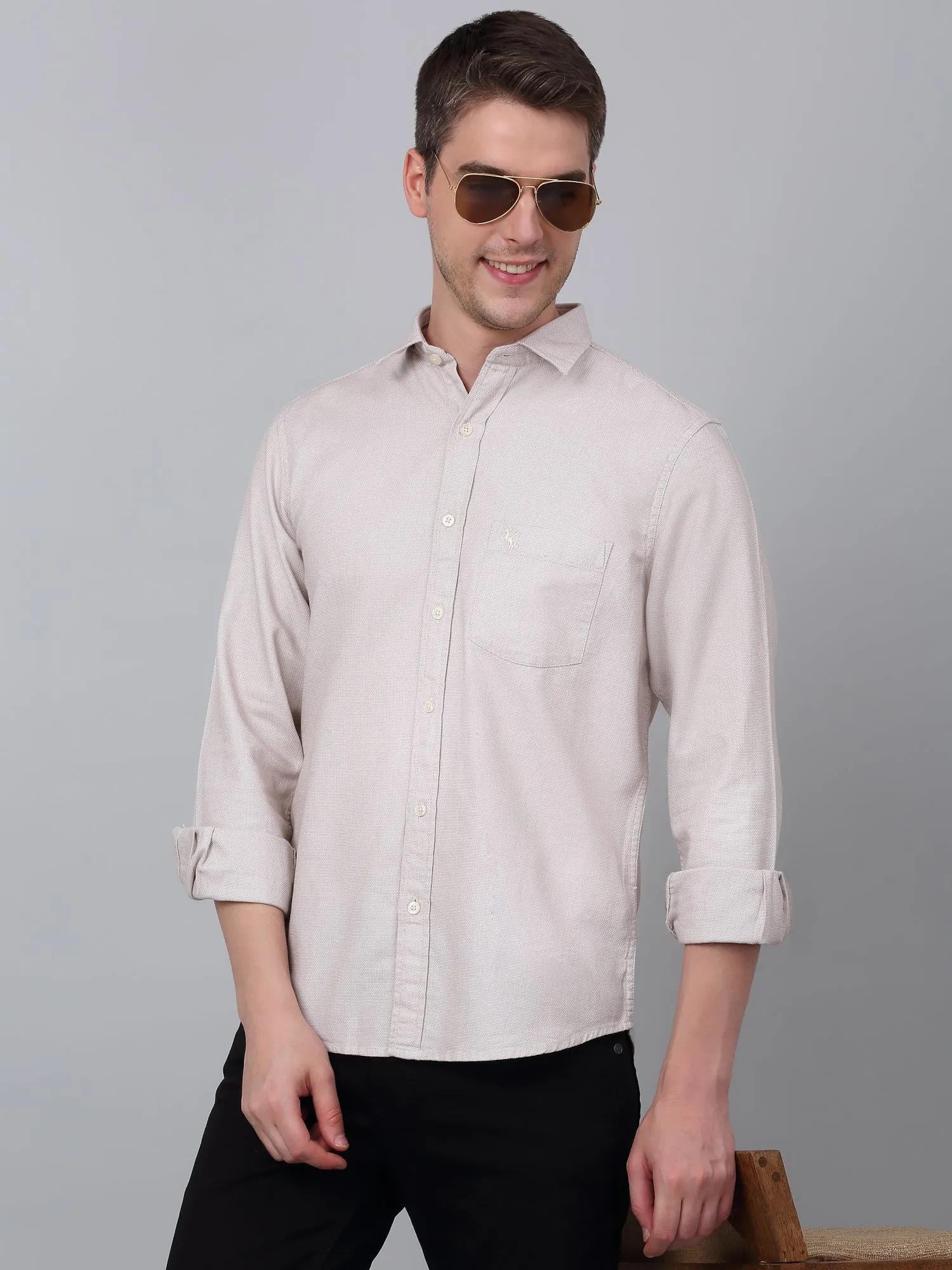 Men's Beige Casual Self Textured Full Sleeve Shirt