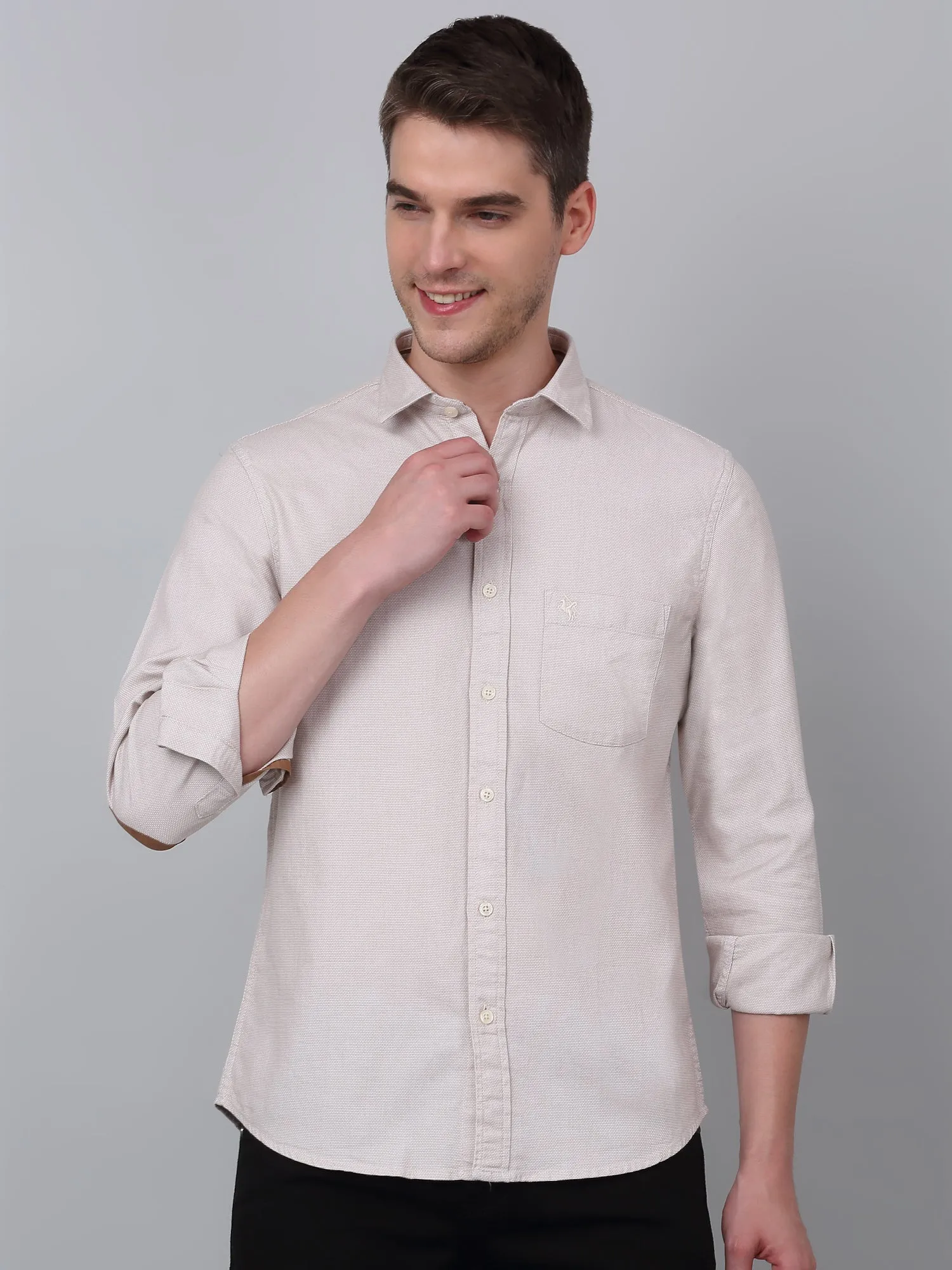 Men's Beige Casual Self Textured Full Sleeve Shirt