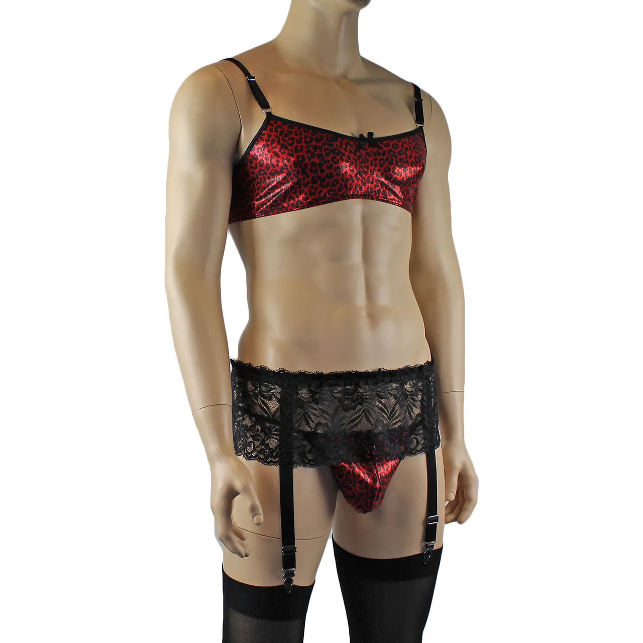 Mens Dazzle Animal Leopard Print Bra, G string, Garterbelt & Stockings Set Red