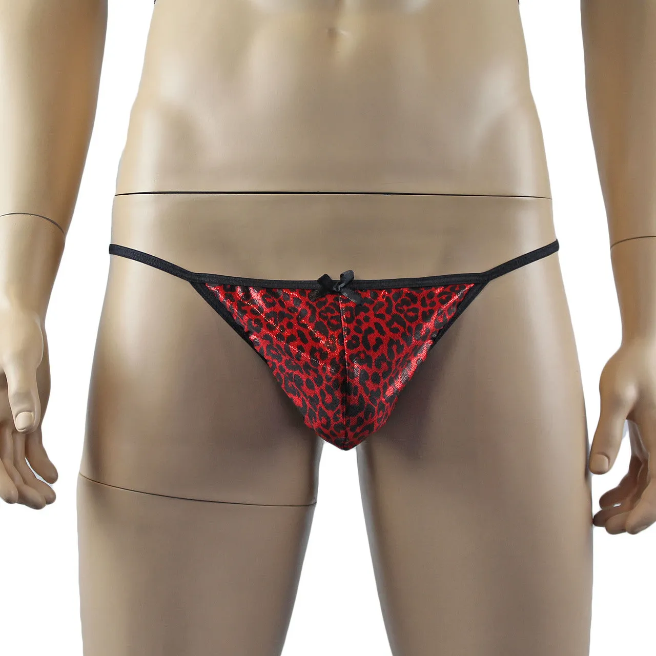 Mens Dazzle Animal Leopard Print Bra, G string, Garterbelt & Stockings Set Red