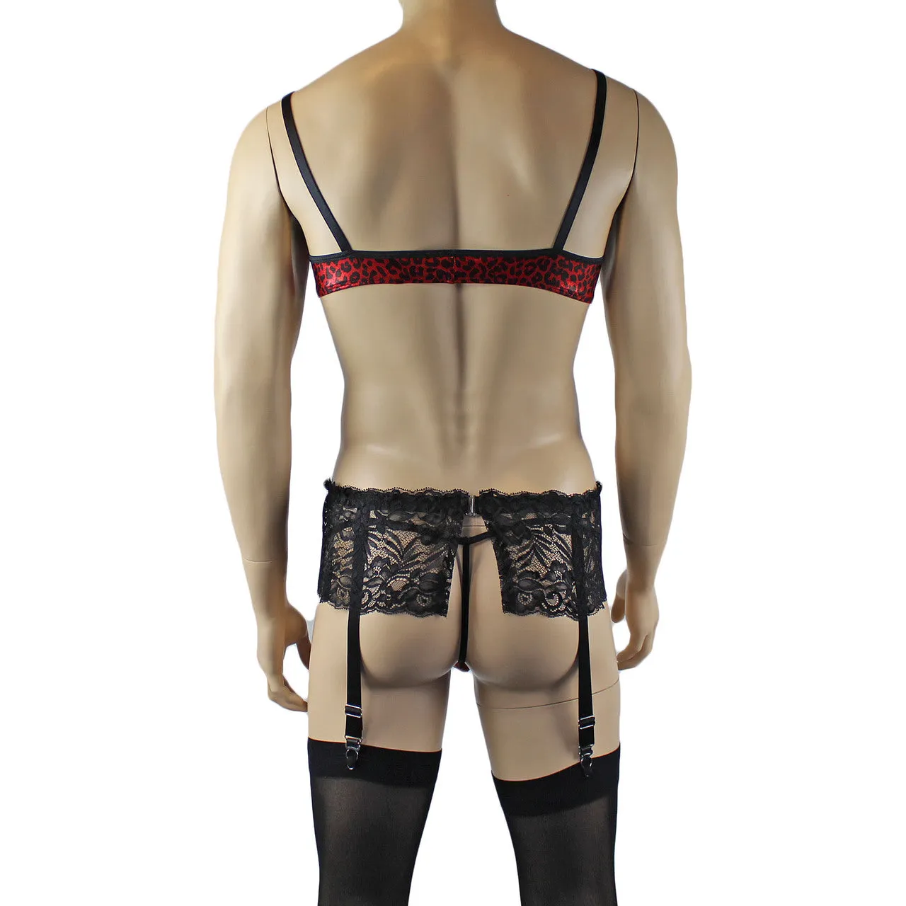 Mens Dazzle Animal Leopard Print Bra, G string, Garterbelt & Stockings Set Red