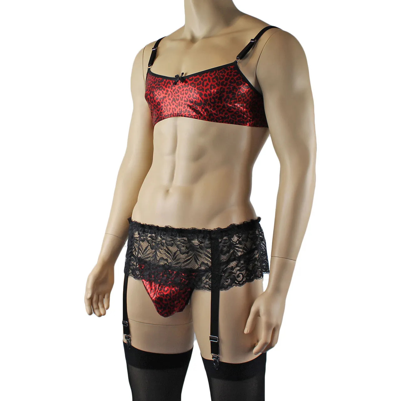 Mens Dazzle Animal Leopard Print Bra, G string, Garterbelt & Stockings Set Red