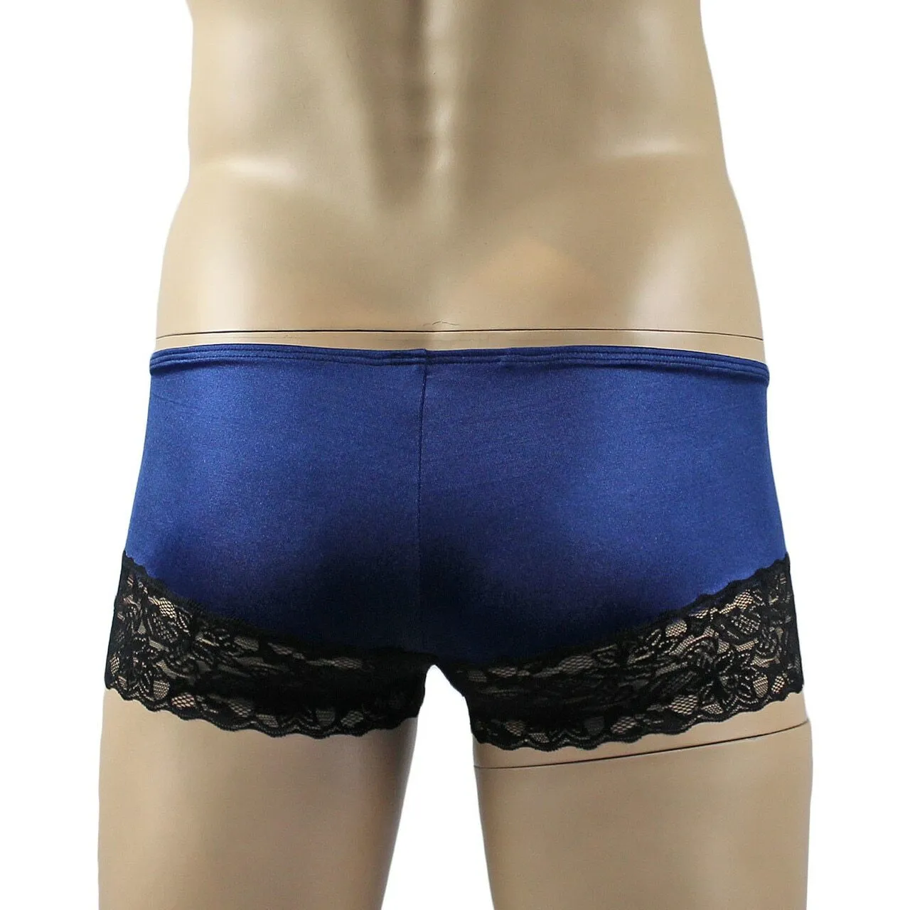 Mens Glamour Spandex & Lace Boxer Brief Shorts with Garterbelt & Stockings Navy Blue & Black