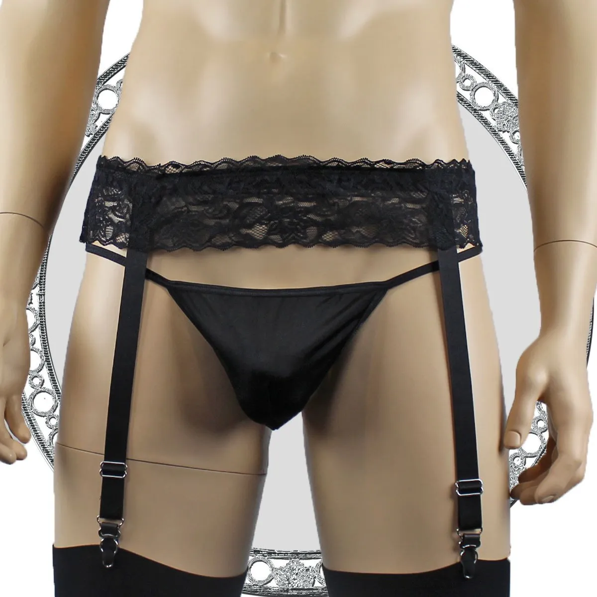 Mens Glamour Spandex & Lace Boxer Brief Shorts with Garterbelt & Stockings Navy Blue & Black