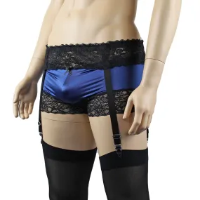 Mens Glamour Spandex & Lace Boxer Brief Shorts with Garterbelt & Stockings Navy Blue & Black