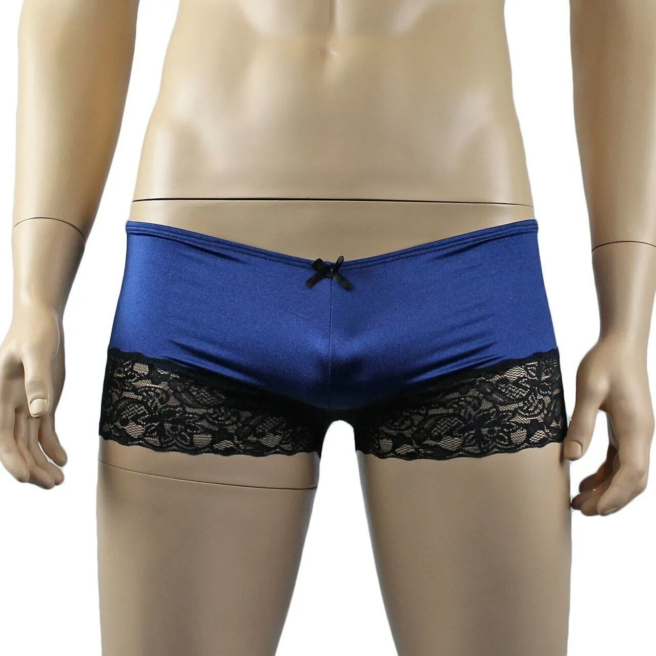 Mens Glamour Spandex & Lace Boxer Brief Shorts with Garterbelt & Stockings Navy Blue & Black