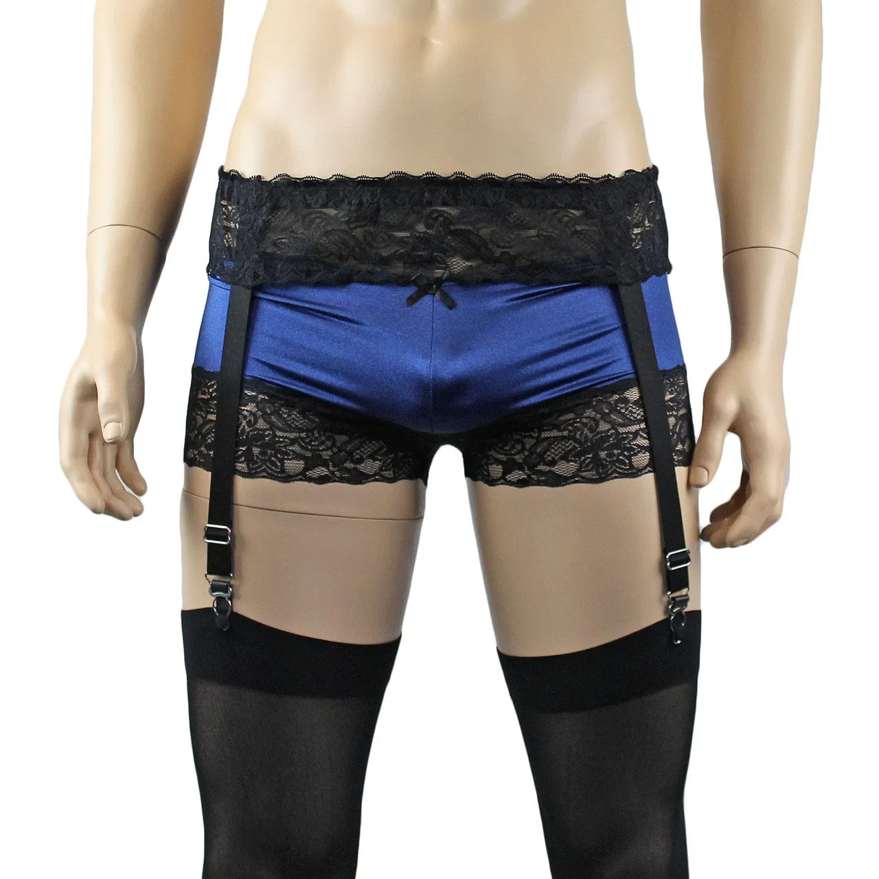 Mens Glamour Spandex & Lace Boxer Brief Shorts with Garterbelt & Stockings Navy Blue & Black