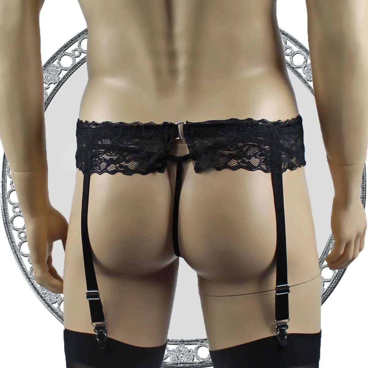 Mens Glamour Spandex & Lace Boxer Brief Shorts with Garterbelt & Stockings Navy Blue & Black