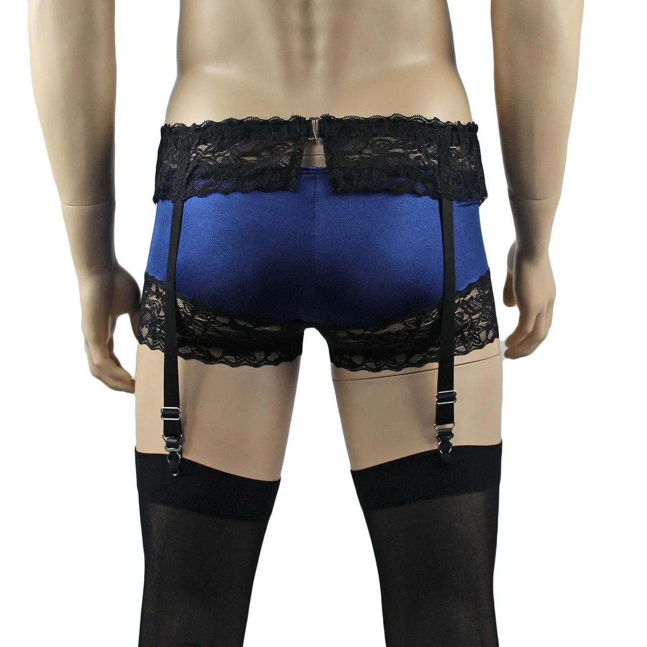 Mens Glamour Spandex & Lace Boxer Brief Shorts with Garterbelt & Stockings Navy Blue & Black