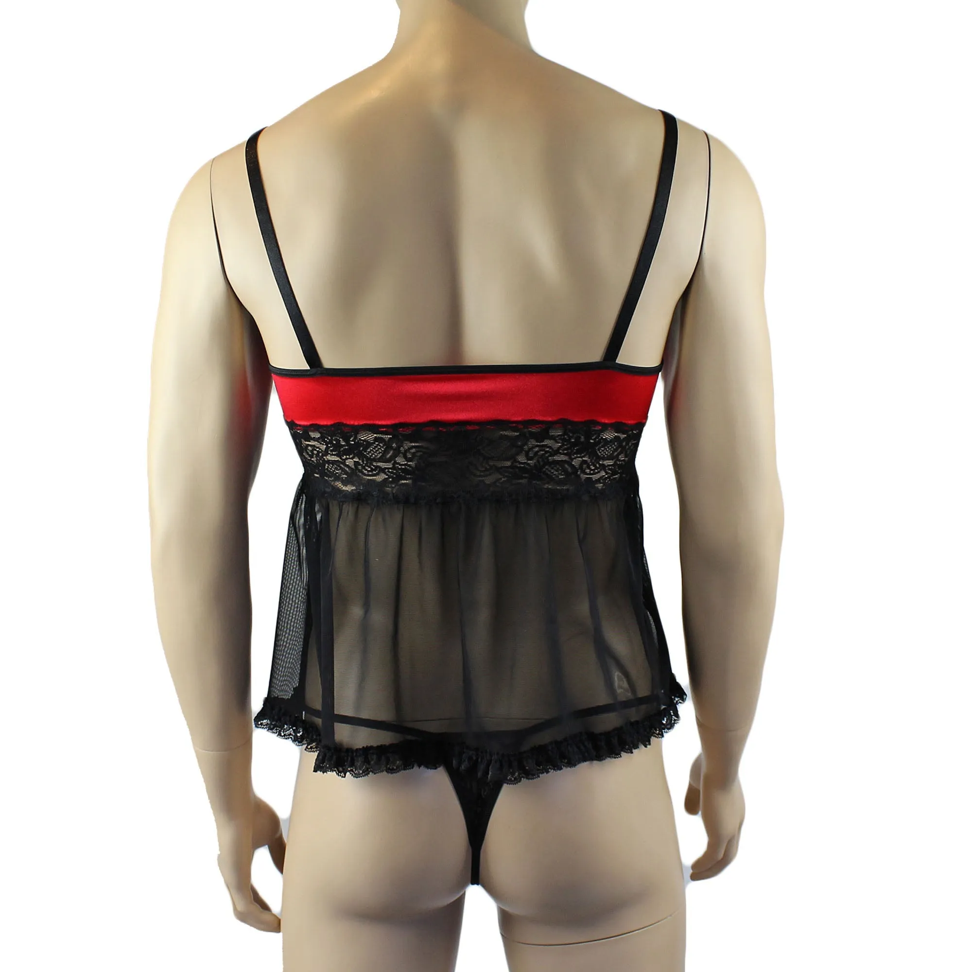 Mens Joanne Mini Babydoll Camisole & G string - Sizes up to 3XL Red and Black Lace