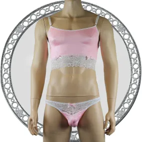 Mens Joanne Satin & Lace Crop Cami Top with Sexy Thong - Sizes up to 3XL Light Pink and White Lace