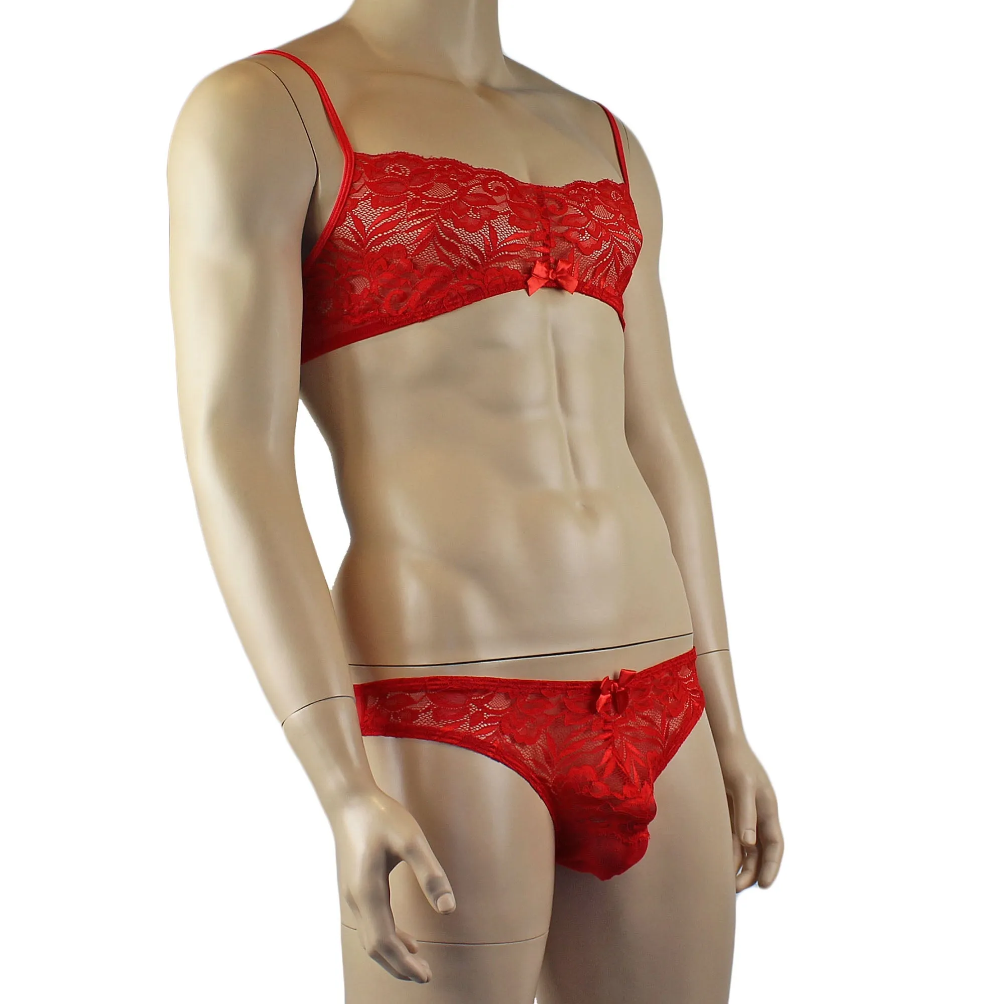 Mens Kristy Lace & Mesh Bra Top and Bikini Brief Red