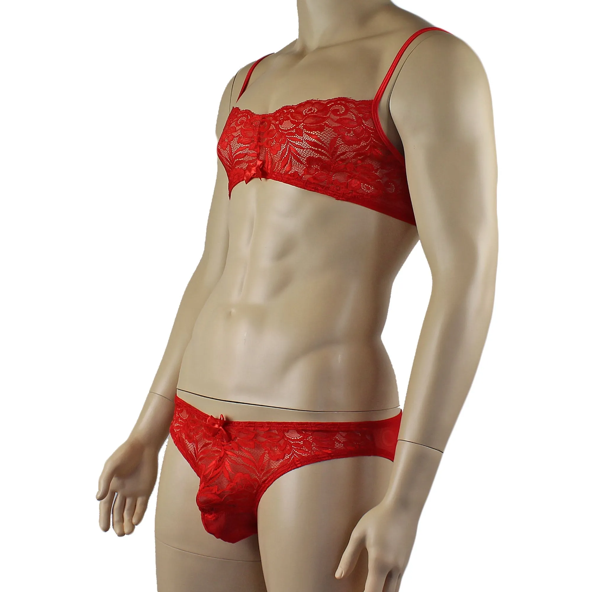 Mens Kristy Lace & Mesh Bra Top and Bikini Brief Red