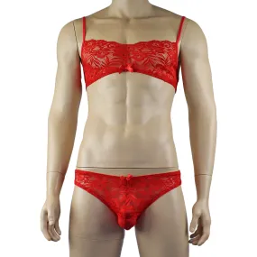 Mens Kristy Lace & Mesh Bra Top and Bikini Brief Red