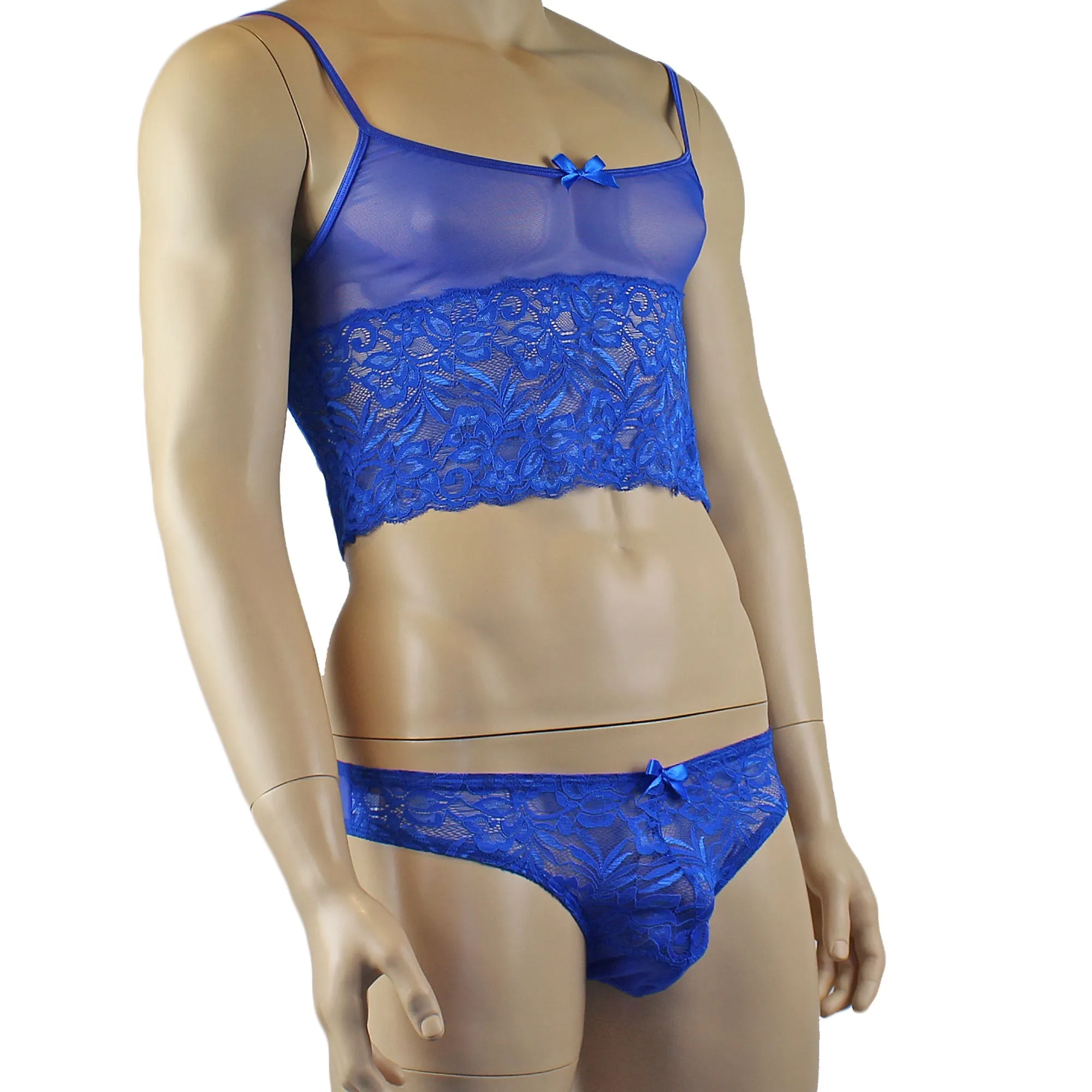 Mens Kristy Sexy Lace Camisole Bra Top and Bikini Brief Blue