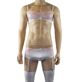 Mens Luxury Bra Top and Boxer Brief with Garters & Stockings White