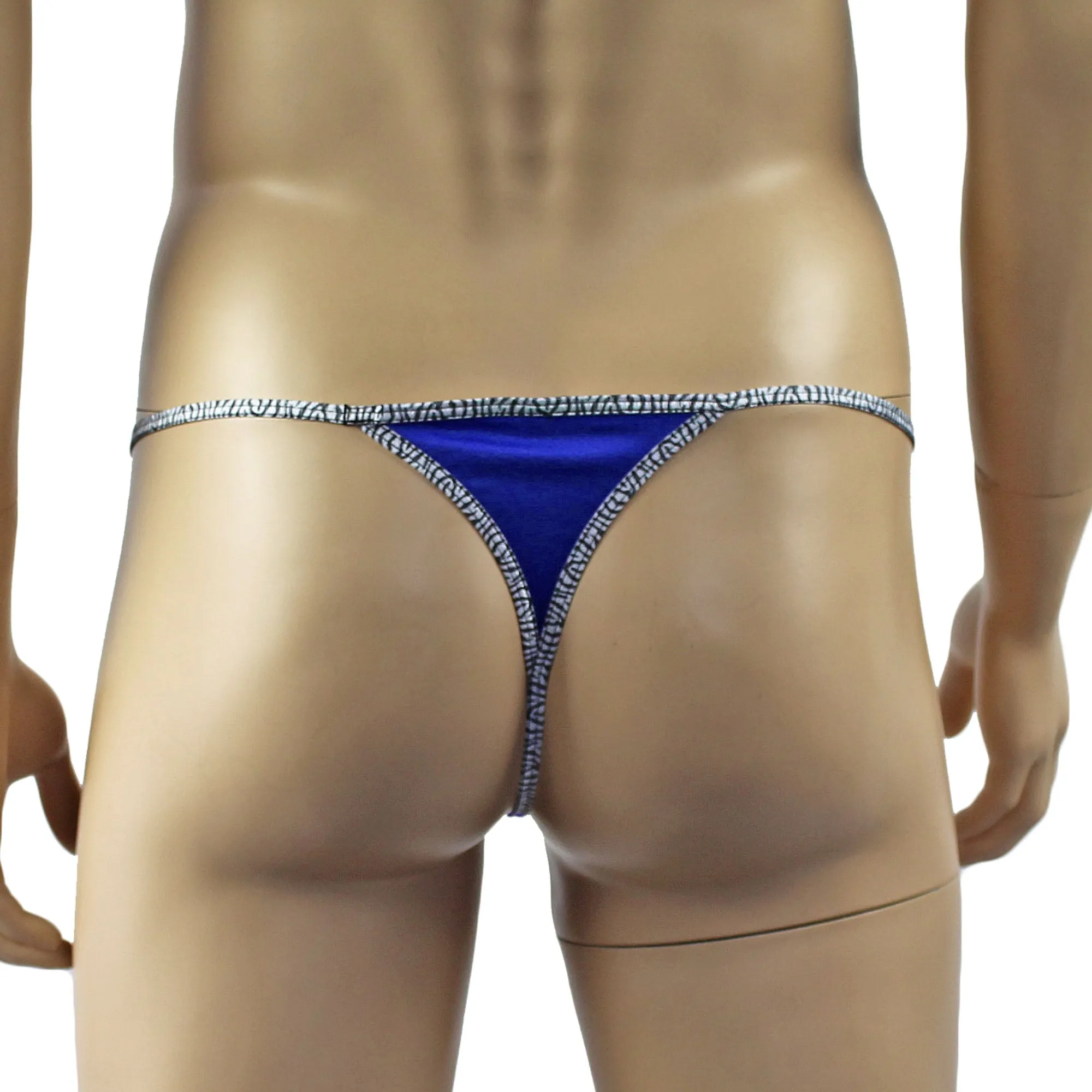 Mens Pretty Lycra G string Underwear with Zebra trim & Bow Blue