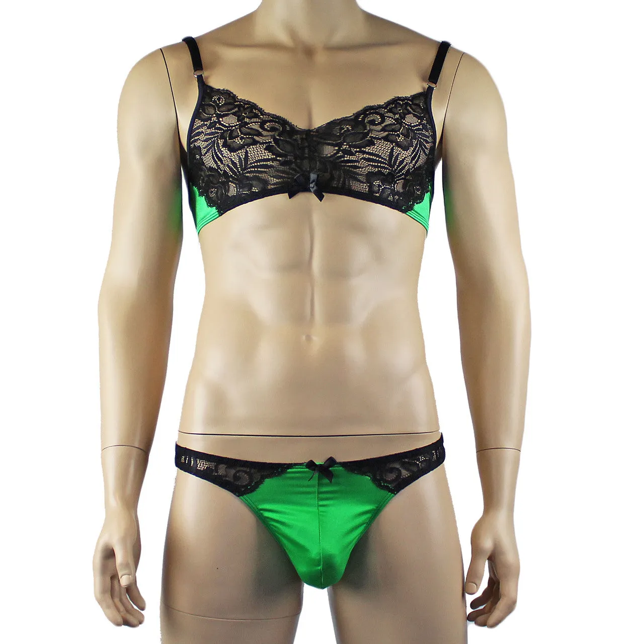 Mens Risque Bra Top and Thong Green and Black Lace