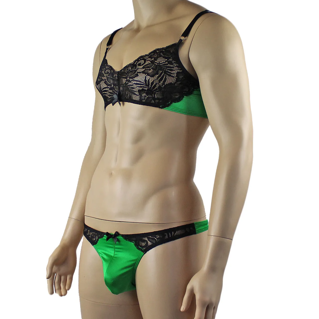 Mens Risque Bra Top and Thong Green and Black Lace