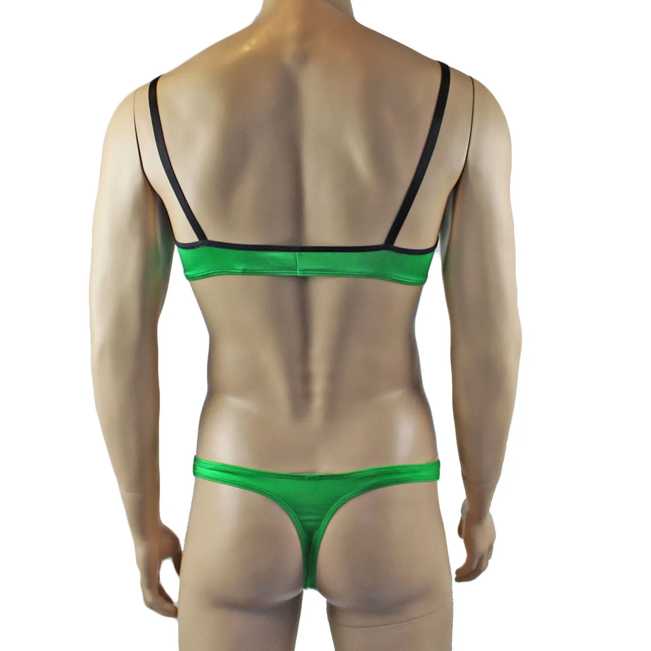 Mens Risque Bra Top and Thong Green and Black Lace