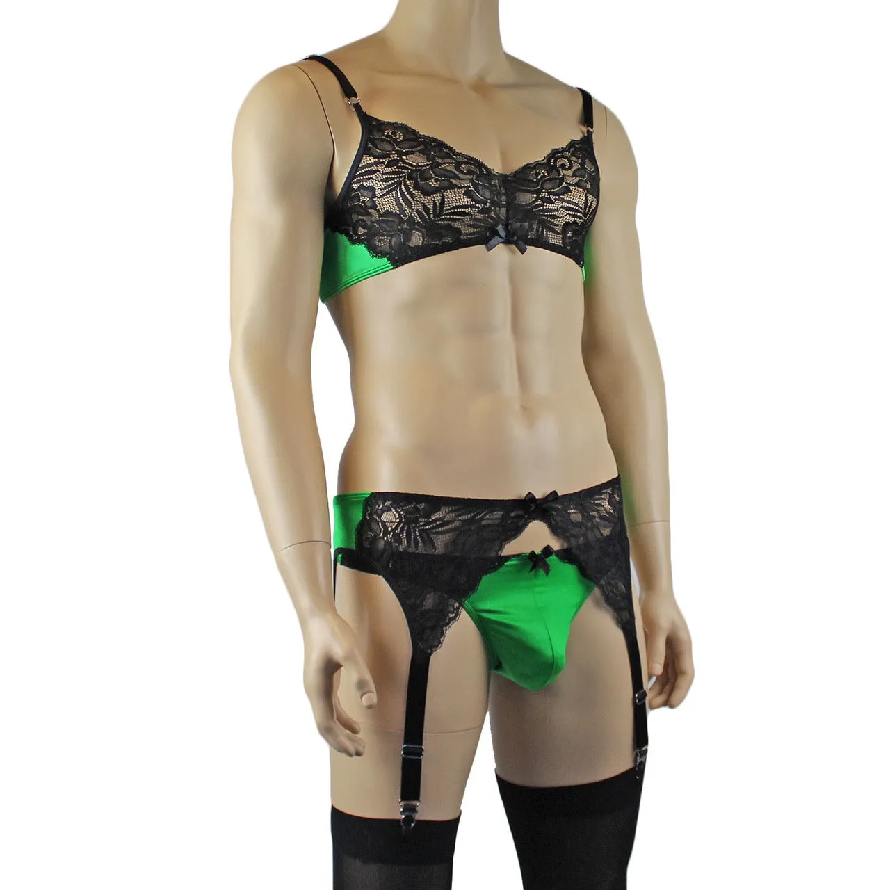 Mens Risque Bra Top, Thong and Garterbelt Green and Black