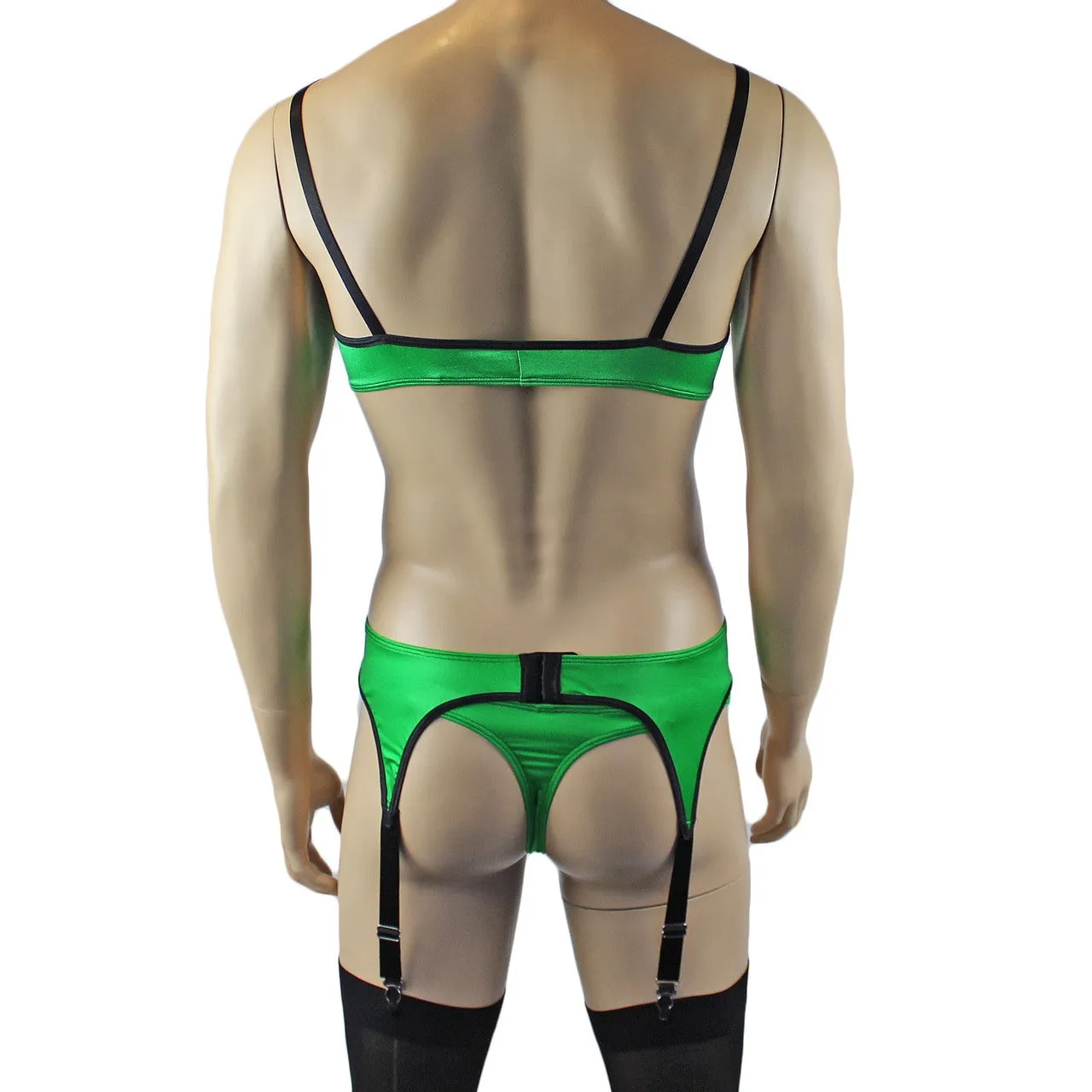 Mens Risque Bra Top, Thong and Garterbelt Green and Black