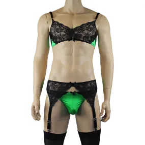 Mens Risque Bra Top, Thong and Garterbelt Green and Black