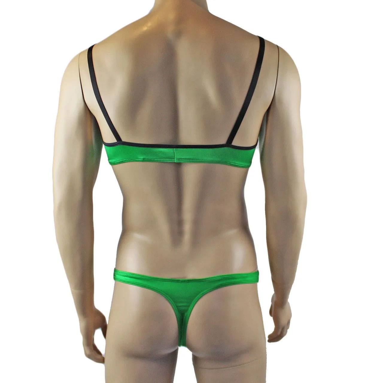 Mens Risque Bra Top, Thong and Garterbelt Green and Black