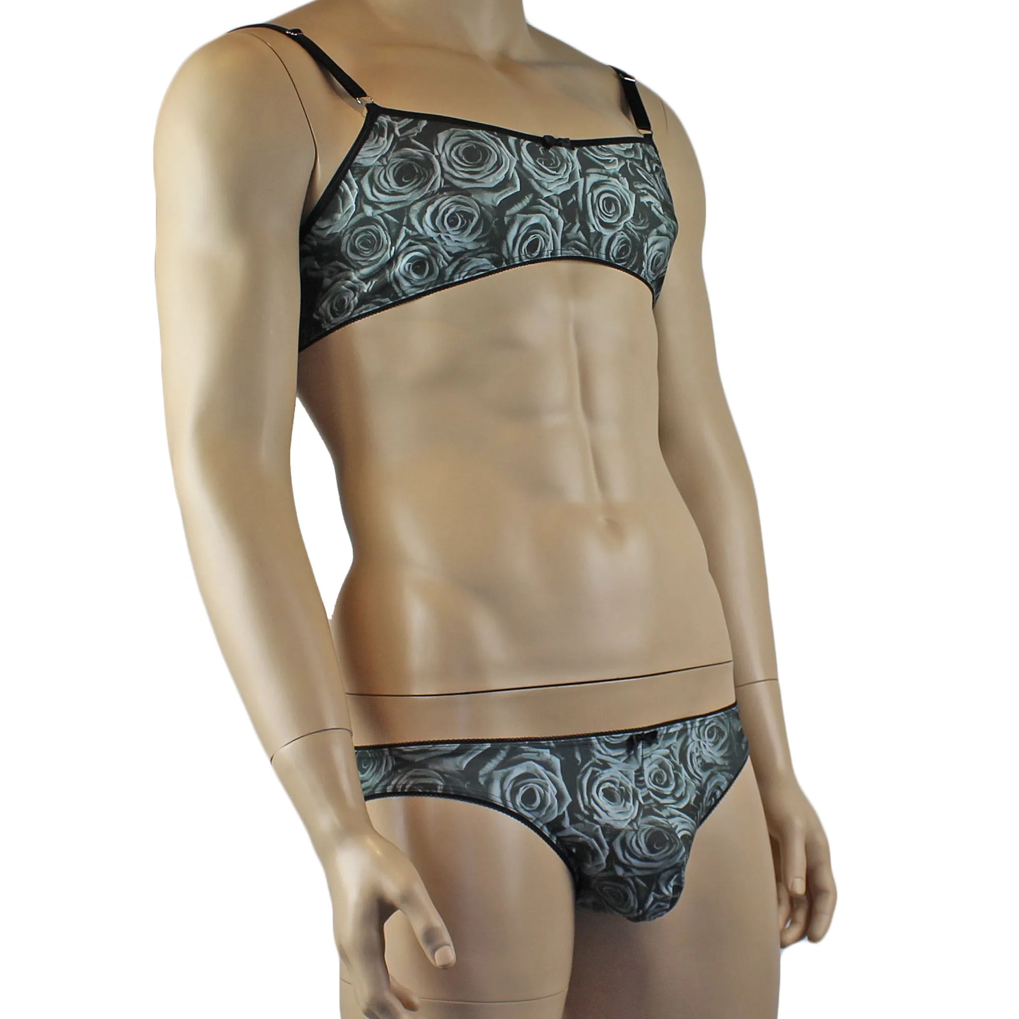 Mens Roses Spandex Bra Top and Bikini Brief with Elastic Pico Trim Grey