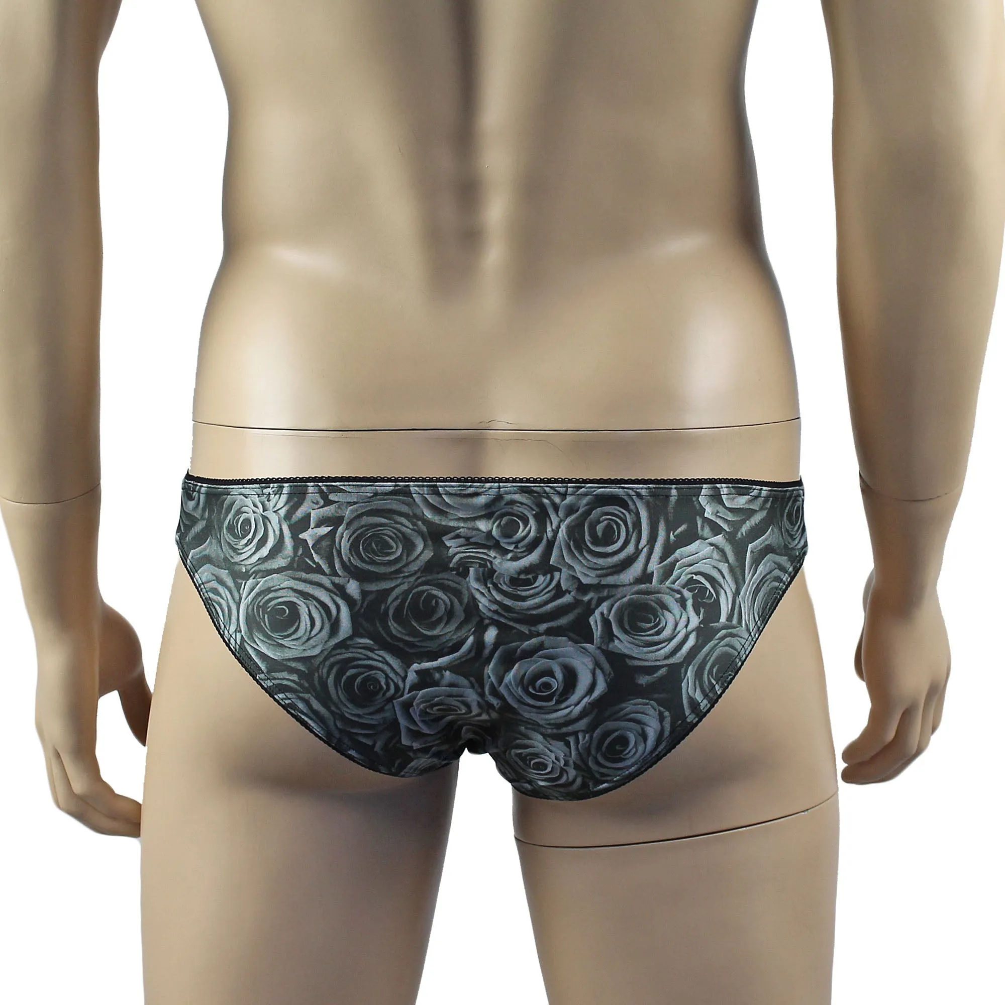 Mens Roses Spandex Bra Top and Bikini Brief with Elastic Pico Trim Grey