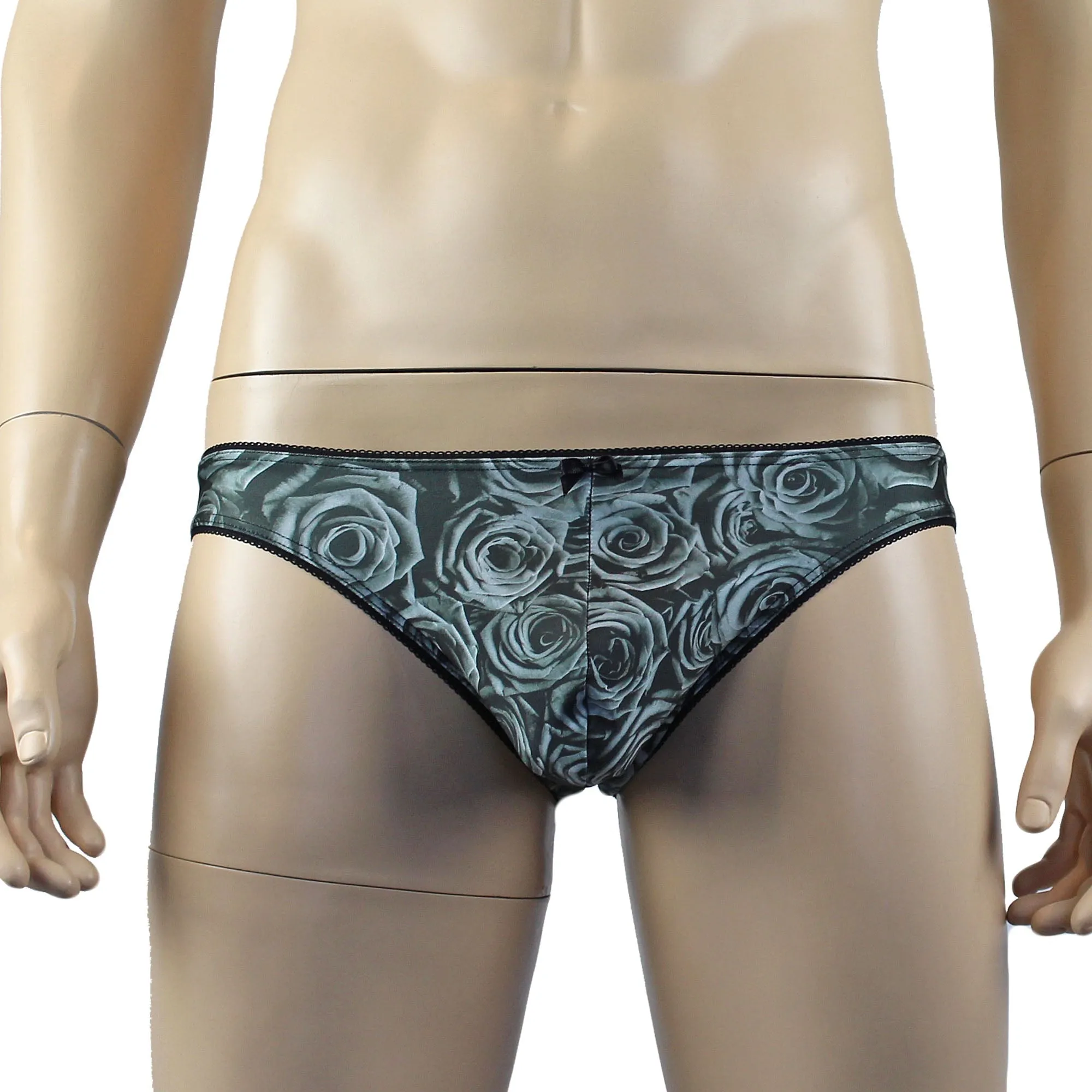 Mens Roses Spandex Bra Top and Bikini Brief with Elastic Pico Trim Grey