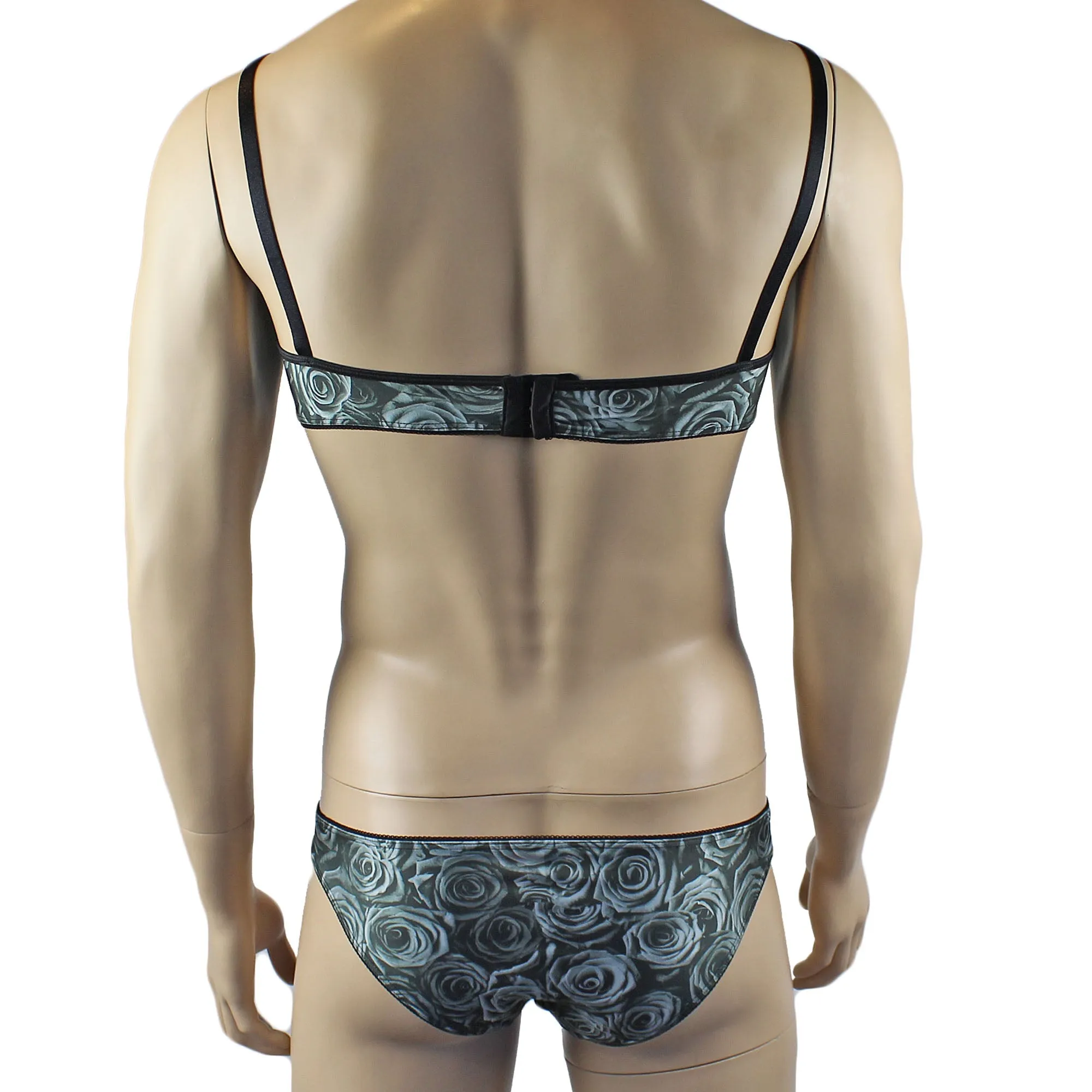 Mens Roses Spandex Bra Top and Bikini Brief with Elastic Pico Trim Grey