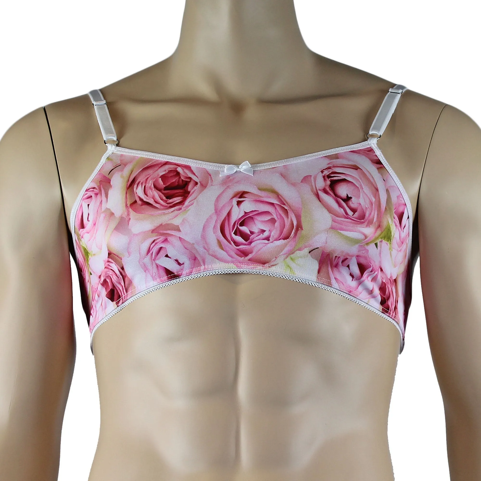 Mens Roses Spandex Bra Top and Bikini Brief with Elastic Pico Trim Pink