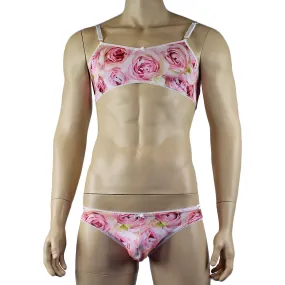 Mens Roses Spandex Bra Top and Bikini Brief with Elastic Pico Trim Pink