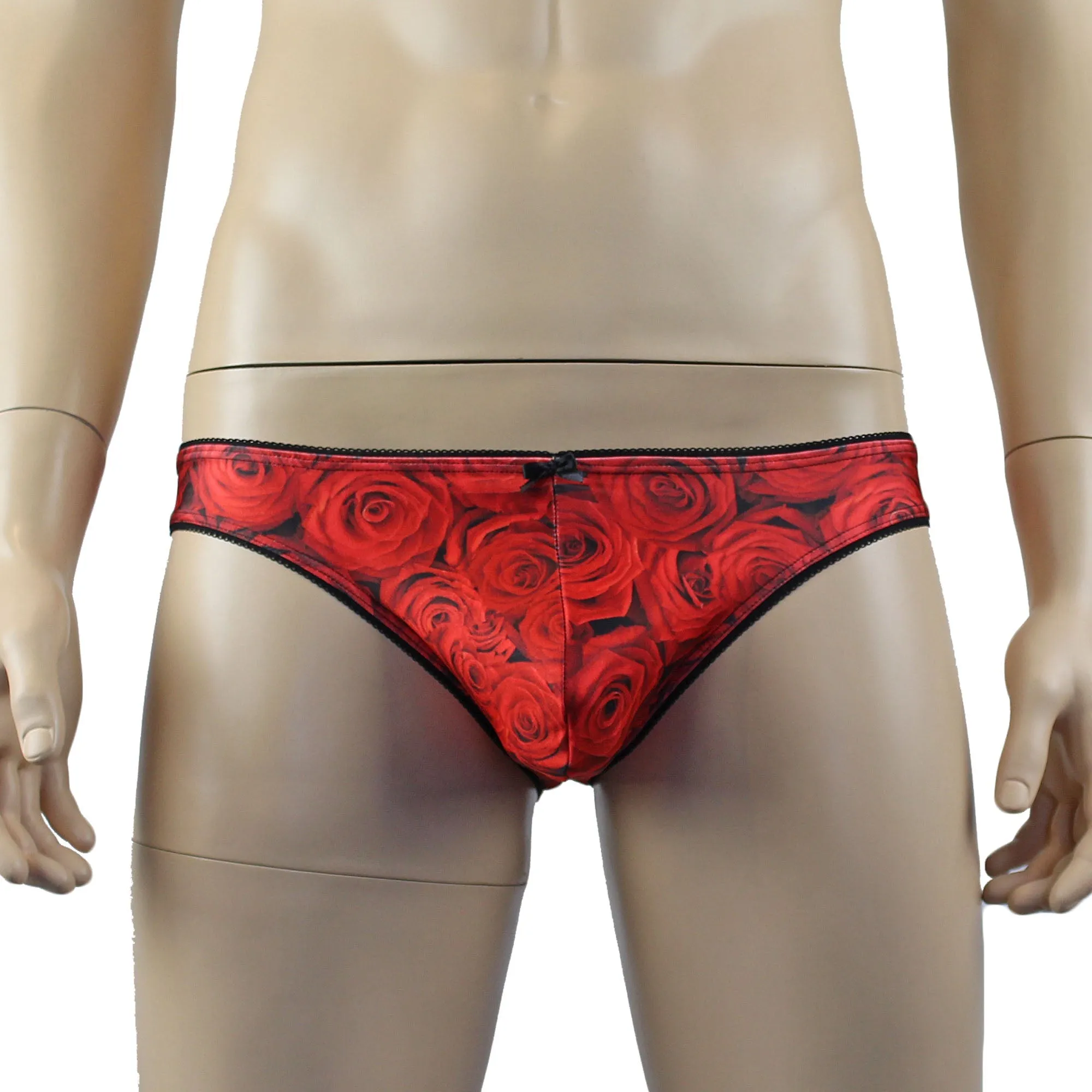 Mens Roses Stretch Spandex Panty Brief with Decorative Pico Elastic Red