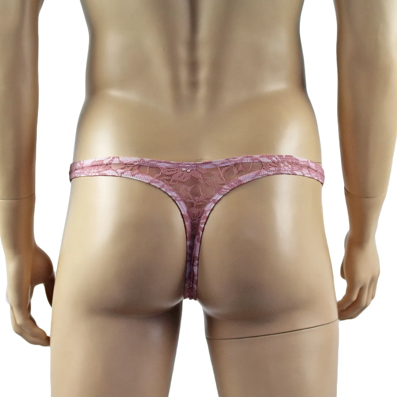 Mens Sexy Lingerie Lace Thong G string Dusty Pink